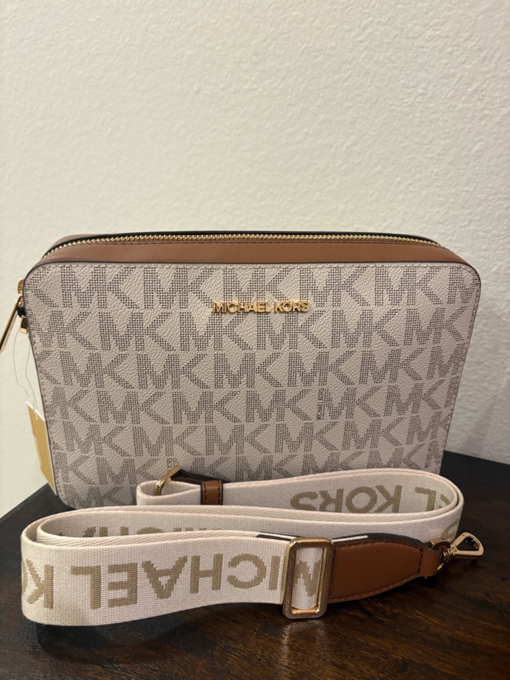 Michael Kors Beige and Tan Logo Camera Bag with Branded Strap